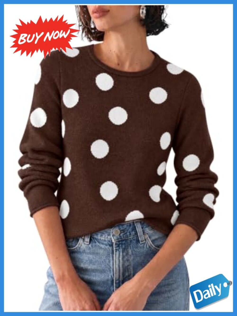Women's Cropped Fitted Knit Polka Dot Pullover Sweater Crew Neck